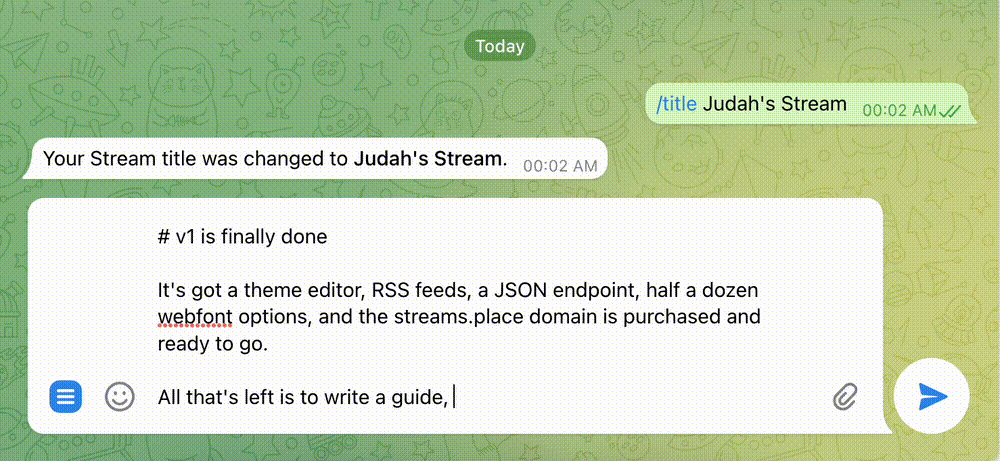 Streams demo, Telegram view